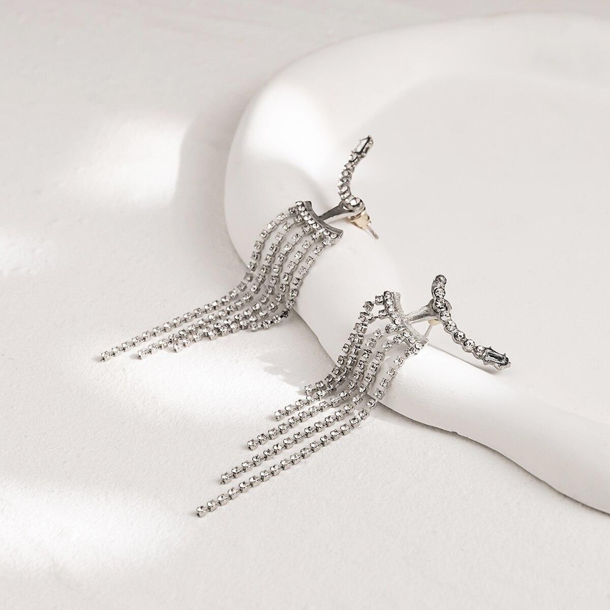 

Korean Full Rhinestone Long Tassel Drop Earrings for Women Exquisite Luxury Zircon Crystal Earrings Female Jewelry Wholesale серебряный