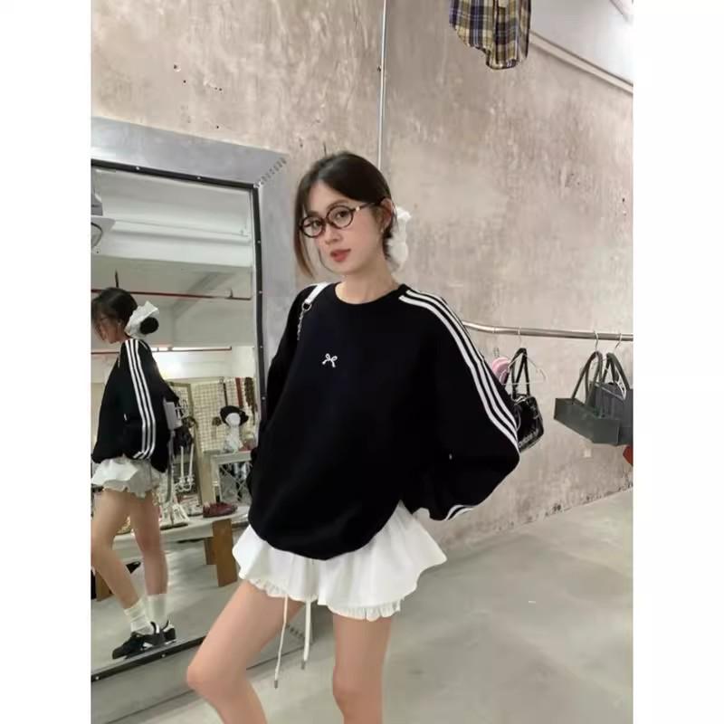Women's Casual Striped Embroidered Cotton-Blend Hoodie - American Style, Long Sleeve, Loose Fit for Early Autumn