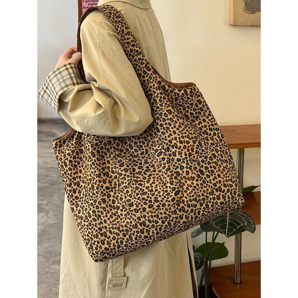 

Корейский инстаграм-блогер с холщовой сумкой с леопардовым принтом, женская винтажная двусторонняя сумка на плечо, сумка-тоут большой вместимости цветной печати леопарда