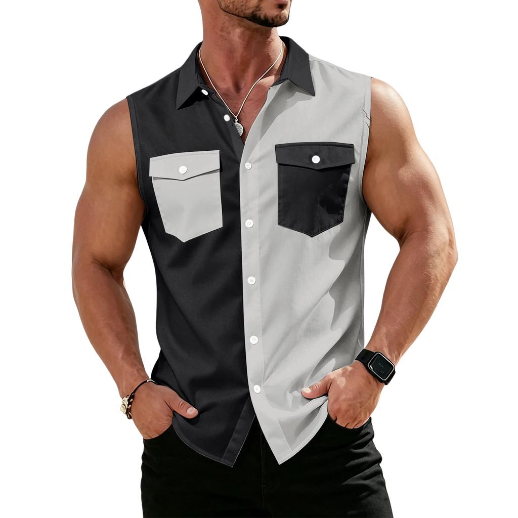 Men's Workwear Lapel Button-Down Vest Shirt - Lightweight Sleeveless Top