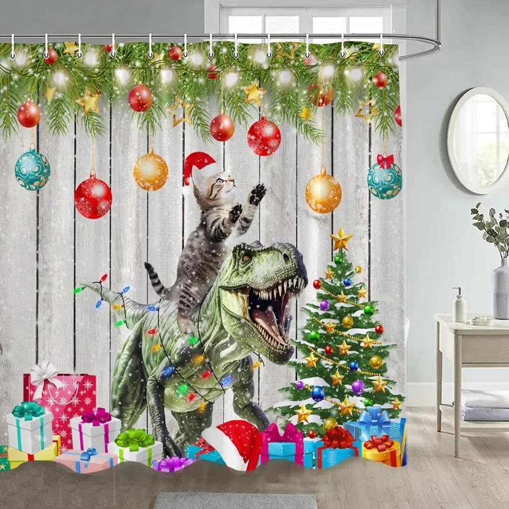 Christmas Shower Curtain Funny Cartoon Santa Claus Silver Fir Branches Snowflakes Grey New Year Home Decor Bathroom Curtains Set