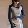 Top da Donna Autunno e Inverno con Giunture e Contrasti di Colore, Girocollo a Manica Lunga