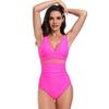 Traje de baño de una pieza con escote en V profundo, sin mangas, con control de abdomen, malla adelgazante transparente para mujer