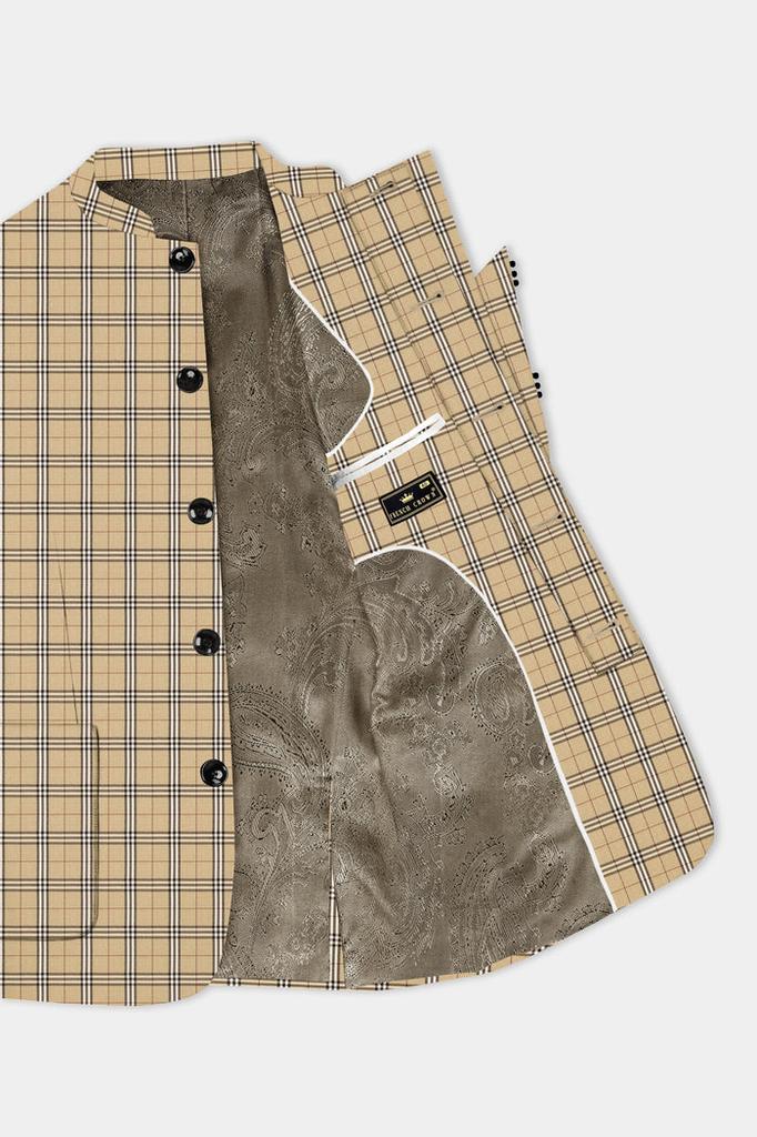 Noble Tones-Sandal Cream Plaid Wool Rich Bandhgala Designer Blazer