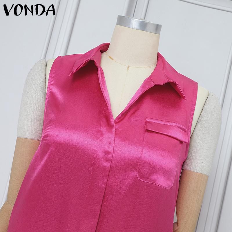 VONDA Women Sleeveless Satin Thin Jumpsuits V Neck Pockets Casual Long Rompers 