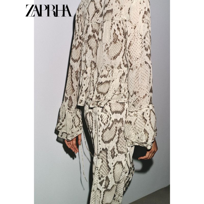 Zaprha 2025 Summer New Animal Pattern Print round Neck Long sleeve A Word Cuff Lace-up Shirts 3716826