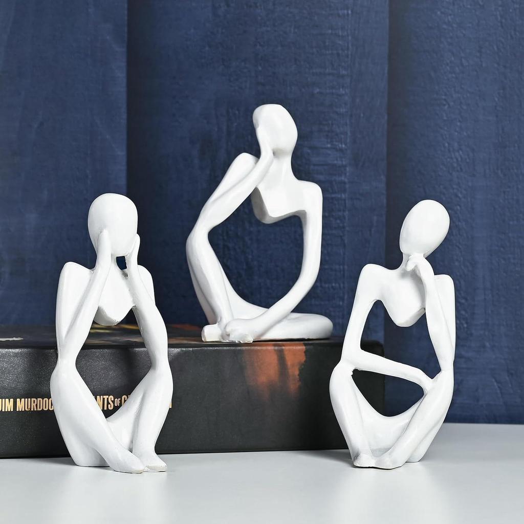 Set of 3 White Resin Thinker Statues – Abstract Modern Art for Home, Office, and Chic Décor, Thoughtful Gift for Any Occasion