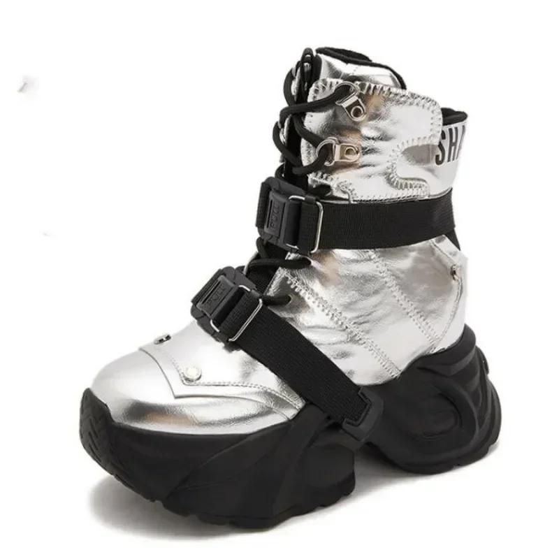 Fashion 2024 New High Quality 9cm Patent Genuine Leather Platform Wedge Ankle Booties Women Fashion Chunky Sneakers Spring Autumn Shoes