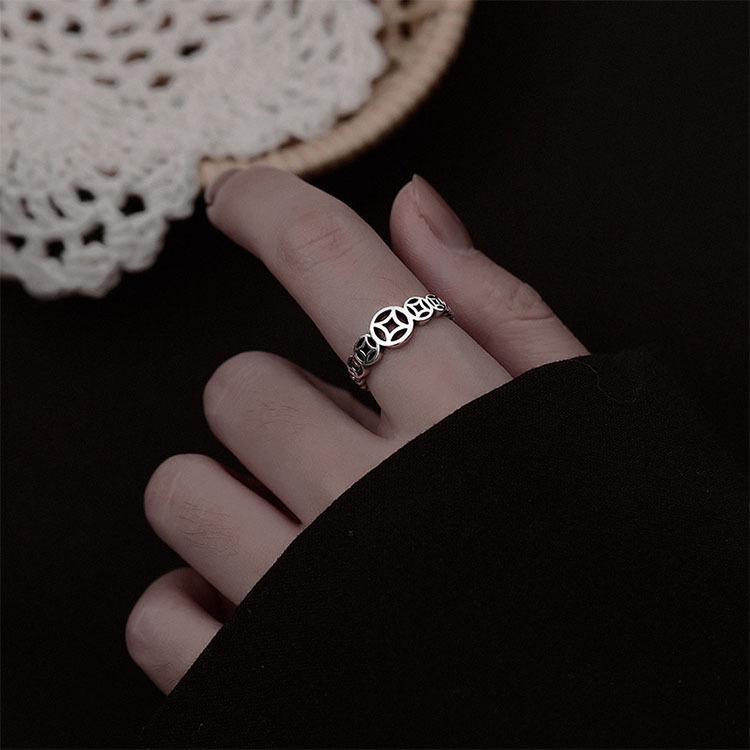 S925 Sterling Silver Retro Copper Coin Open Ring - Japanese Korean Style, Five Blessings, Oxidized Finish