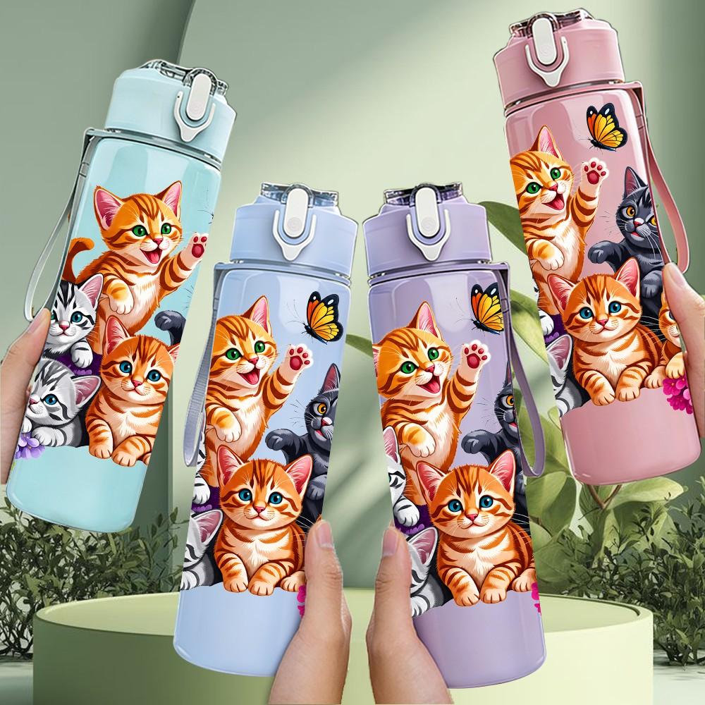 1PC Multi Kitten Floral Bouquet Pattern 750ml Color Plastic Sports Water Bottle Leakproof Flip Straw Lid Suitable for Sports Office Home Use