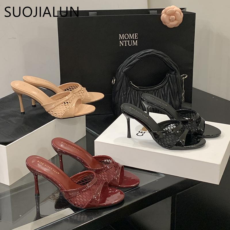 Fashion SUOJIALUN 2025 Summer New Brand Women Slipper Fashion Mesh Shallow Slip On Slides Thin High Heel Outdoor Sexy Dress Pumps Sandal