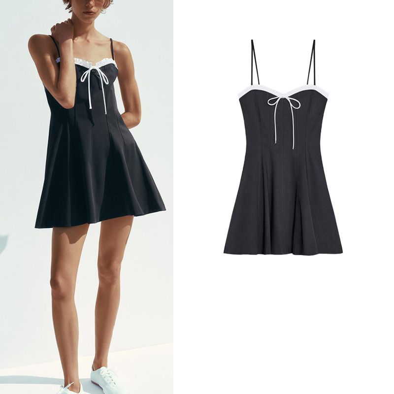 Spring and Summer New Women's Clothing Ins Style Straight Collar Sleeveless Bows Laminated Sling Dress 3152394