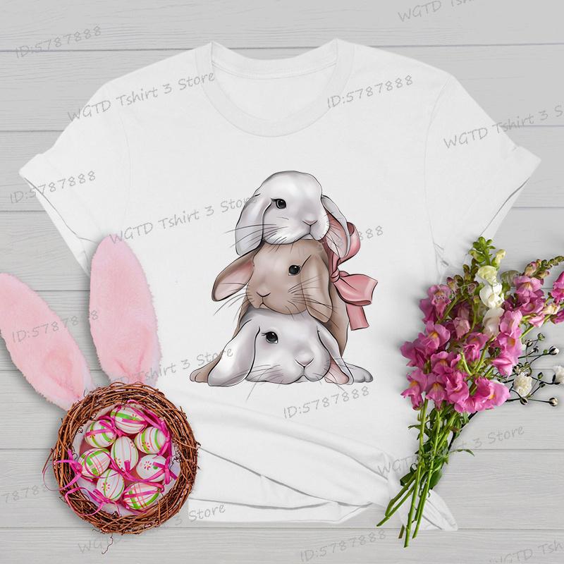 Easter Rabbit Shirts and Blouses Women Gift for Christian Crew Neck Short Sleeve Tshirt Cute Animal Bunny Easter Cartoon Tshirt