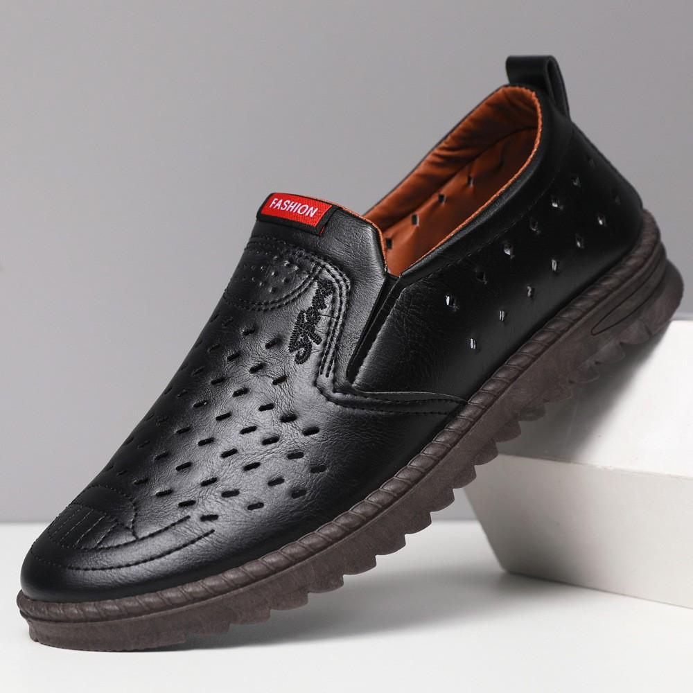 Men's leather shoes spring and summer new soft surface soft sole one pedal business men's shoes hollow breathable shoes