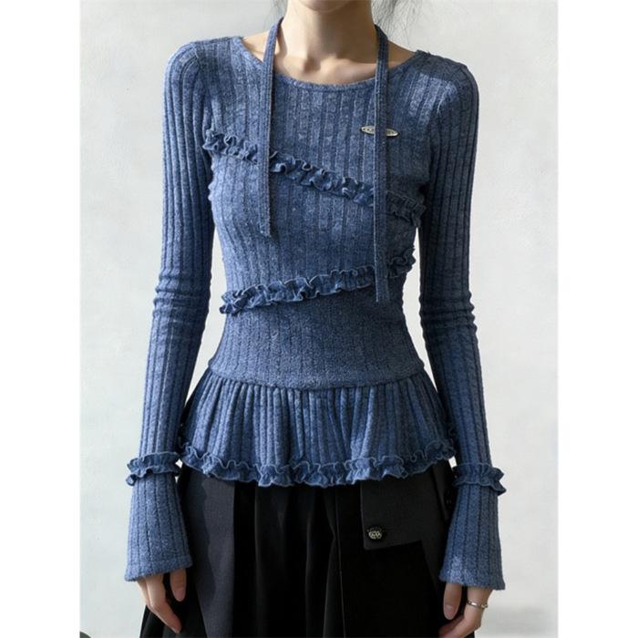 

Korean Style Women s Slim Fit Lace Ribbon Long Sleeve Top for Autumn/Winter Extra Large синій