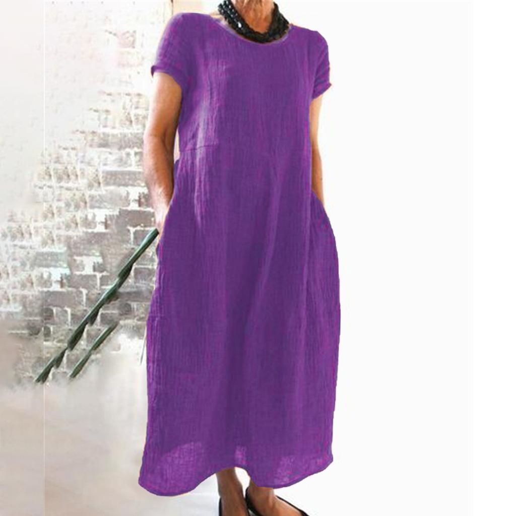 Women's Summer Fashion Casual Solid Color Short-sleeved Round Neck Pocket Loose Cotton And Linen Dress