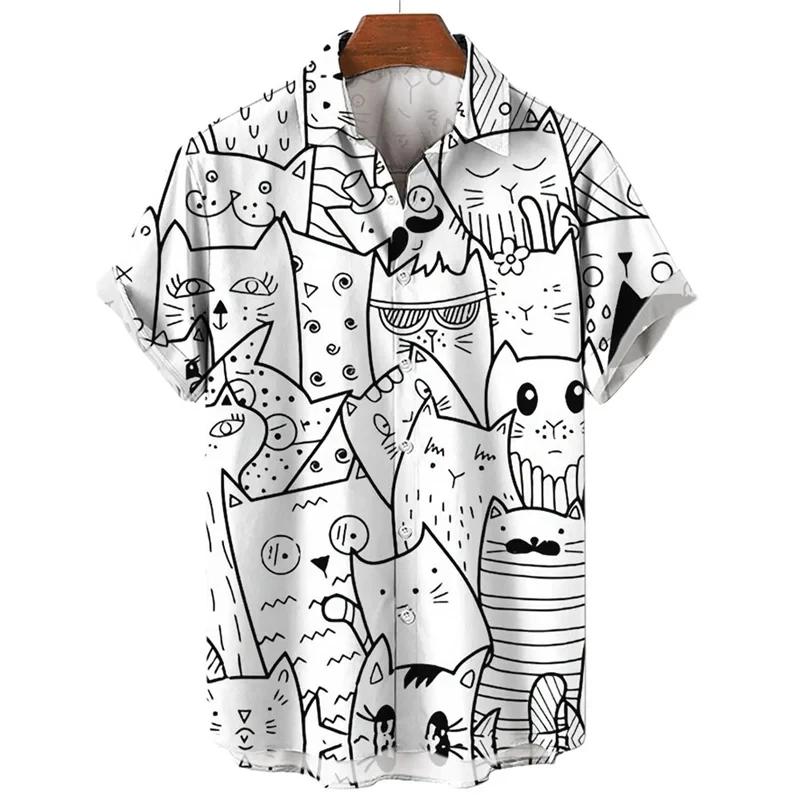 Neues Kawaii 3D Cartoon Anime Katzen Print Hemd für Herren Coole Designs Kurzarm Knopf Hawaiianische Hemden Urlaubs Strand Tops Bluse