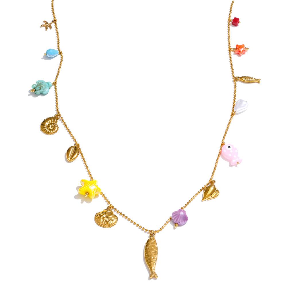 Yhpup 88cm Long Ceramic Starfish Shell Fish Popular Pendant Necklace Ocean Style Stainless Steel Charm Beach Fashion Jewelry
