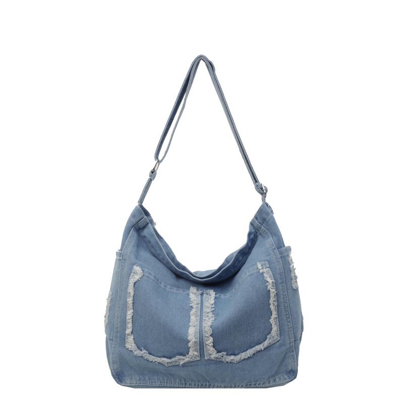 Neue personalisierte Denim-Umhängetasche mit rohem Rand und Tasche, vielseitige Studententasche, lässiger Rucksack mit großem Fassungsvermögen