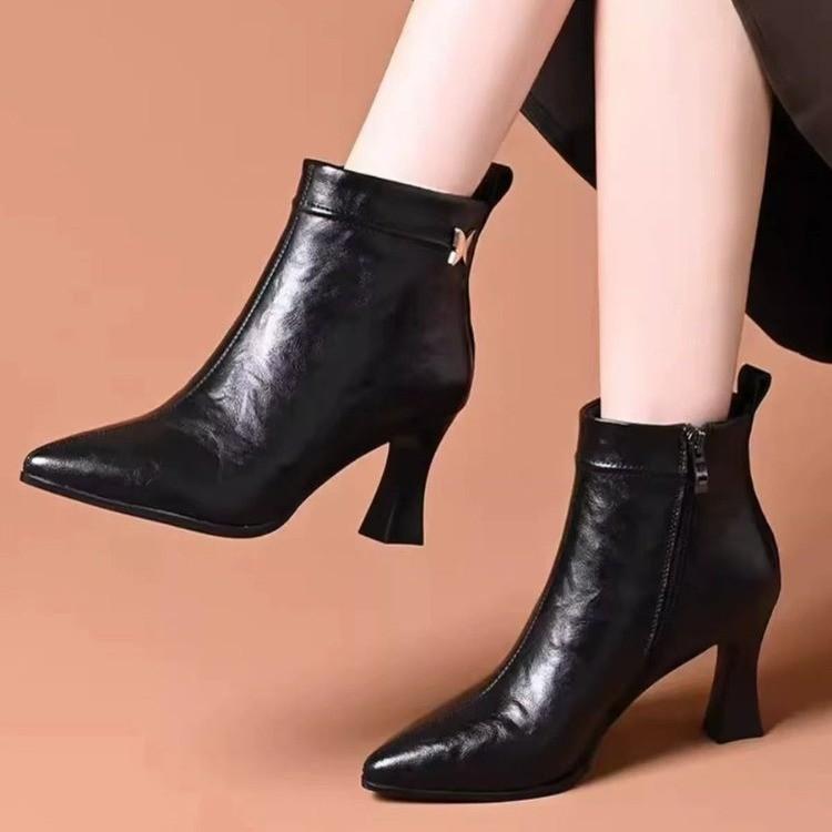 High-heeled Pointed Boots Women's Soft Leather French Stiletto Boots Versatile Medium Boots Autumn and Winter High-heeled Fashion Boots Women