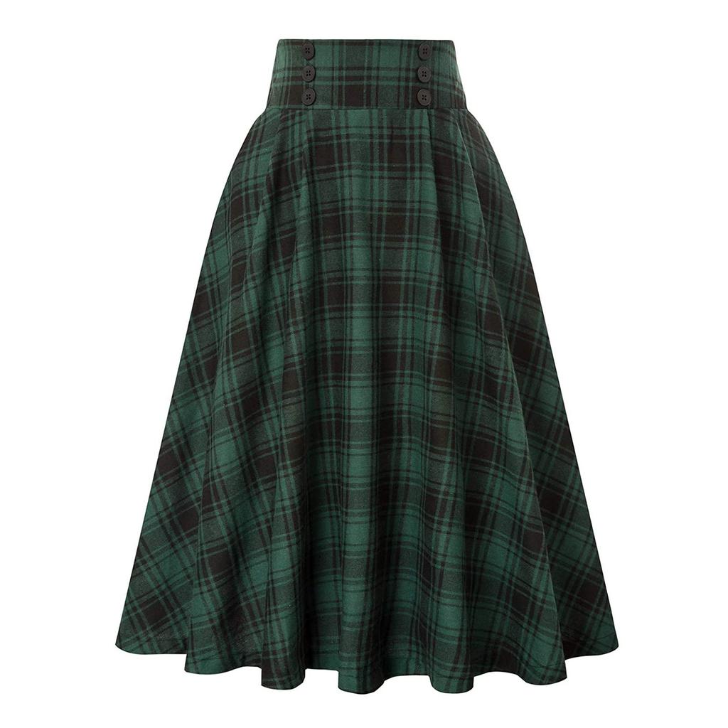 Vintage Women Plaid Skirt Fashion Casual Pockets Vintage High Waist Checked Pleated Skirt Spring Autumn Female Midi Skirts