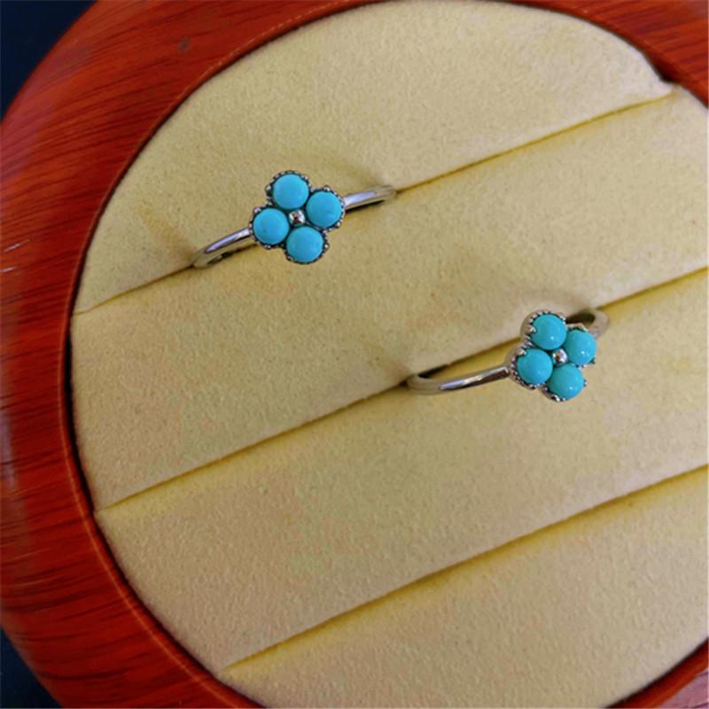 S925 Silver Natural Hubei Turquoise Four-Leaf Clover Ring for Women - Adjustable and High Porcelain Finish