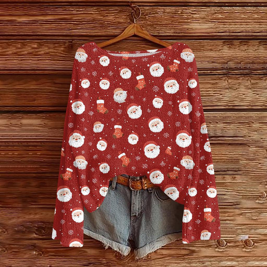 Women's Casual Fashion Round Neck Top Christmas Print Long Sleeve Knit Pullover