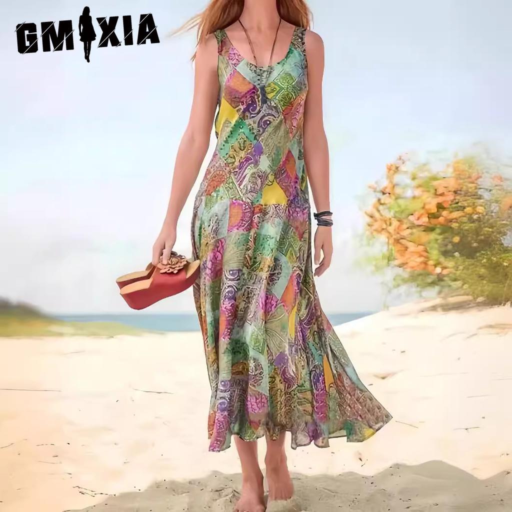 GMXIA Polyesterové dámské dlouhé šaty s potiskem letní bohémské plážové ohlávkové šaty pro ženy