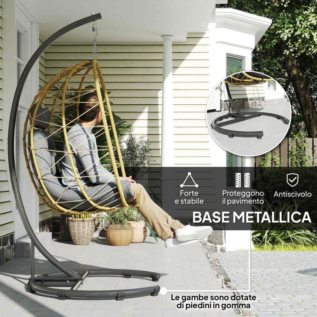 Hanging and Foldable Armchair with Cushions, in Steel and PE Rattan, 102x102x195 cm, Black Grey and Beige