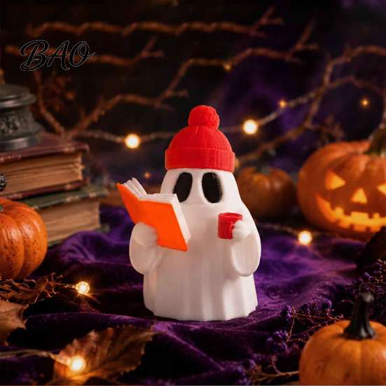 Ghost Sculpture 3D Printed Halloween Figurine, Red Hat Reading Statue Statue, Holding Coffee for Holiday Party Decoration Figurine