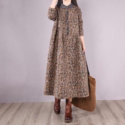 2025 Autumn Floral Cotton Linen Long Sleeve Polo Collar A-Line Dress - Elegant Korean Style
