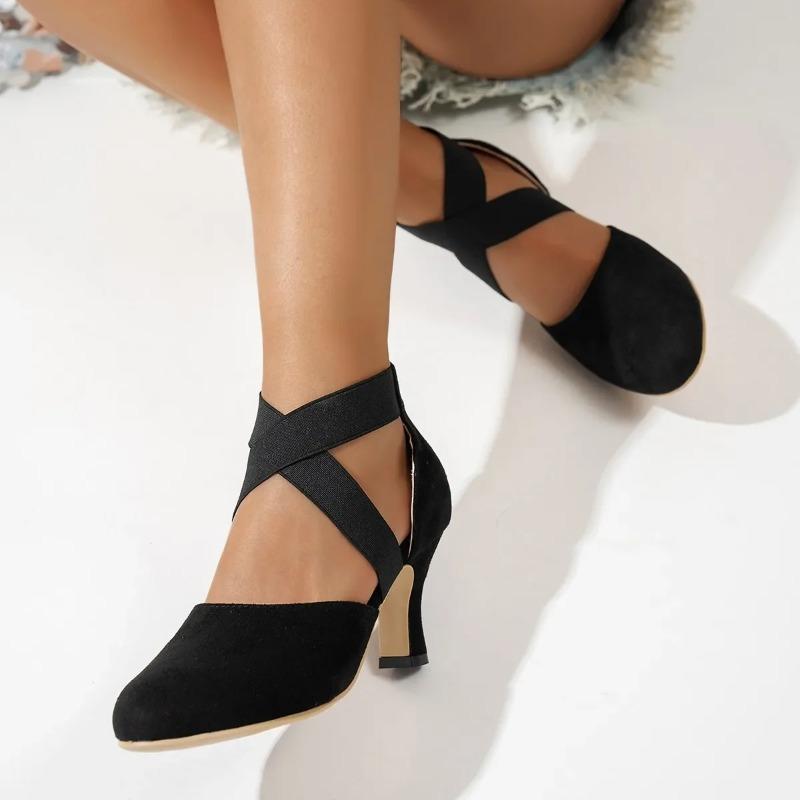 Retro Elastic Strap Mary Jane Shoes Women's round Toe Large Size Ankle Strap Heels Rubber Sole Comfortable Cross-Border Footwear