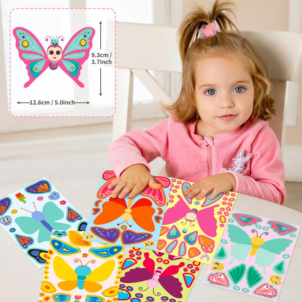 6Sheets Cute Children DIY Puzzle Sticker Games 6 Butterfly Make A Face Funny Assemble Jigsaw Stickers Kids Educational Toys