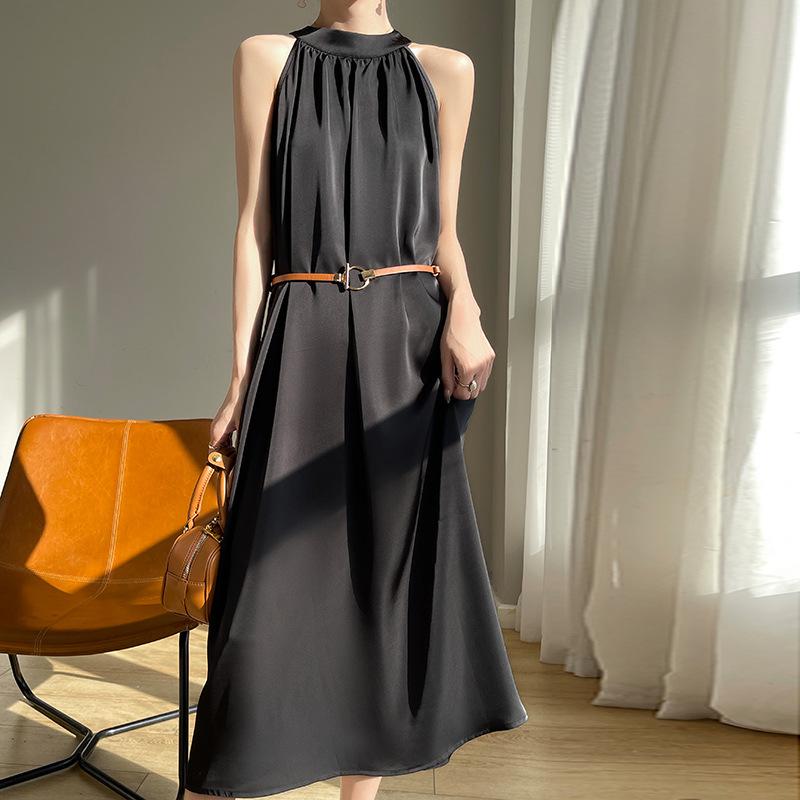 

2024 Summer Women s French Retro Acetate Satin Halter Neck Sleeveless Dress Large чёрный