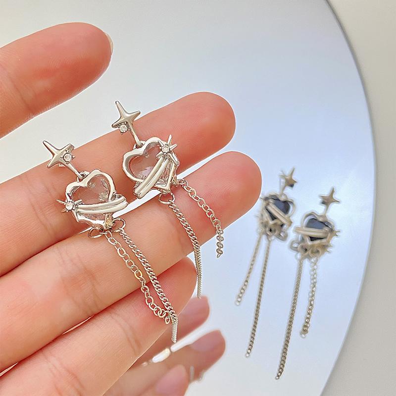 Exquisite Black Crystal Heart Dangle Earrings for Women Charm Lava Shining Star Long Tassel Earrings Fashion Jewelry Accessories