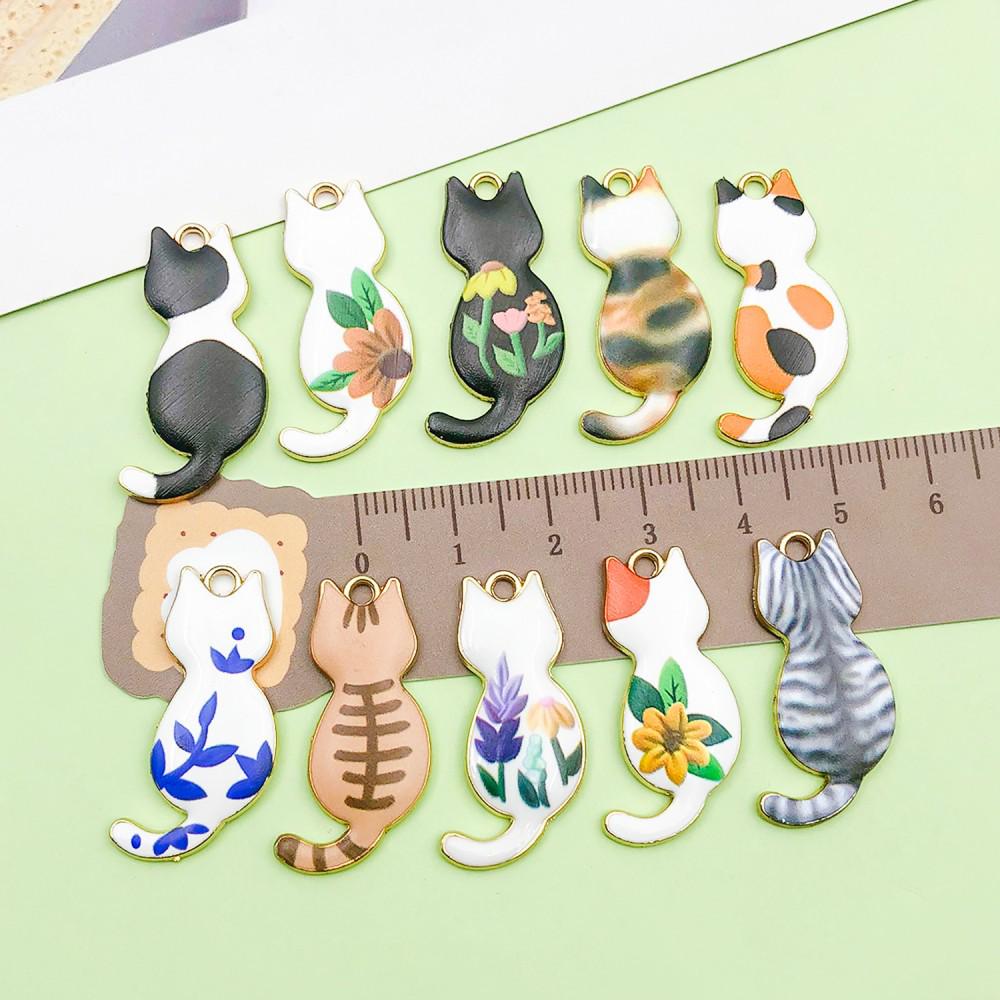 Set of 10 Colorful Enamel Cat Charms for DIY Jewelry