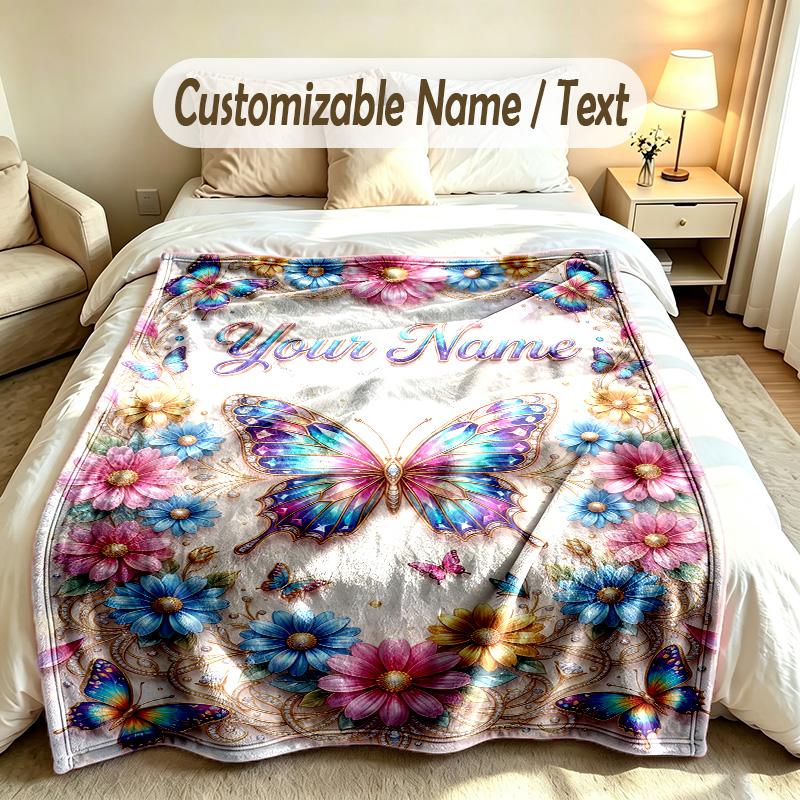 Butterfly Theme Soft Blanket Personalized Custom Name Text Print Warm Blanket Home Sofa Bedroom Decor
