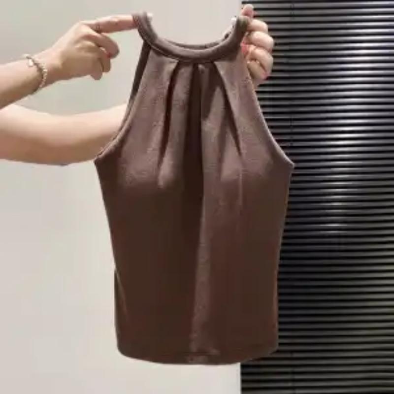 Women's Halter Neck Sleeveless Ruched Front Slim Solid Color Tank Top for Casual