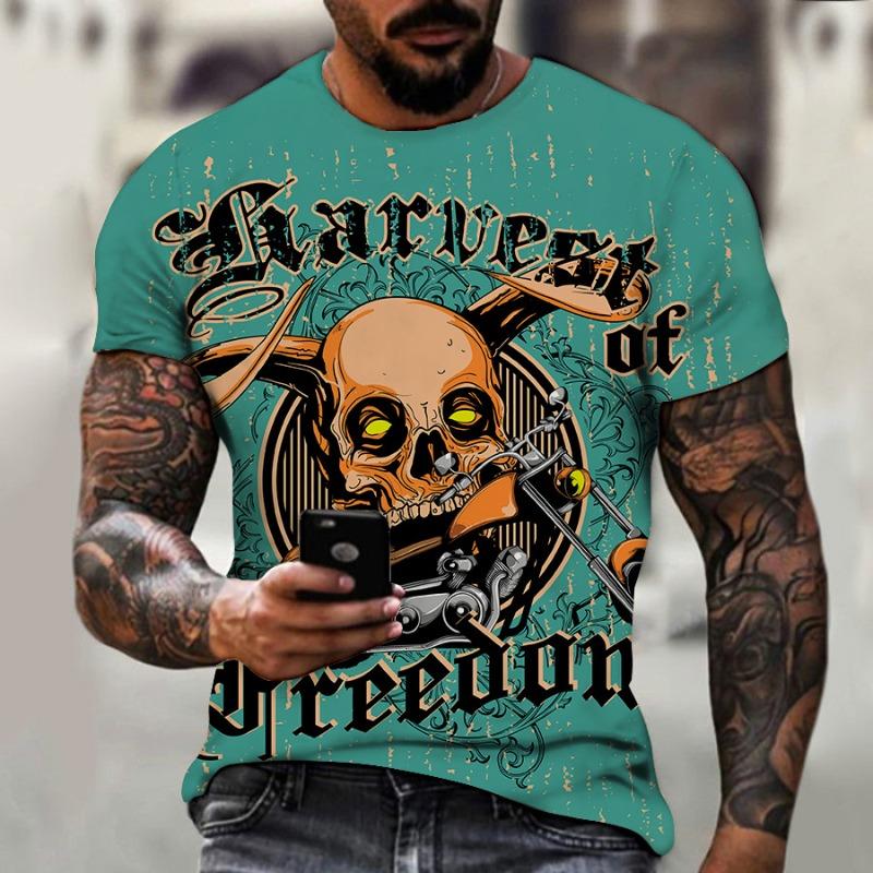 Men's 3D Printed T-Shirt Colorful Skull Pattern Print Short Sleeve O-Neck Pullover Casual Top