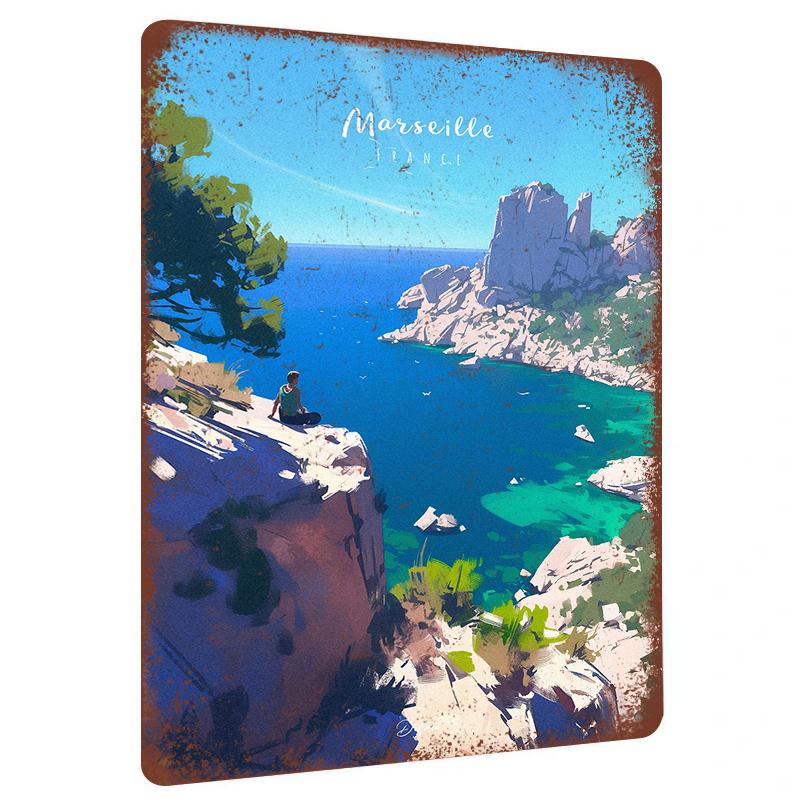 

Marseille Coastal Landscape Metal Wall Art Modern Home Decor for Living Room Bedroom 20x30cm（7.8x11.8inch）