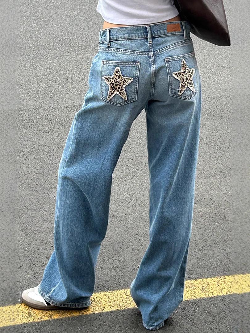 Women s Retro Leopard Star Patchwork Straight-Leg Jeans S
