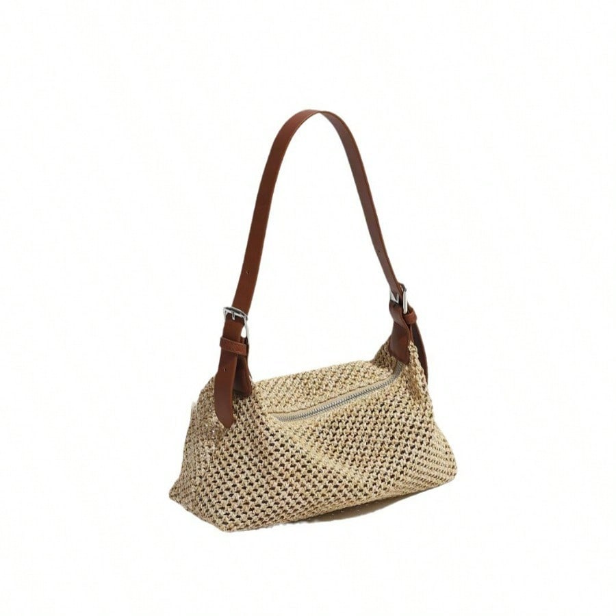 Summer retro shoulder bag underarm straw bag women's crossbody bag versatile casual woven bag vacation beach bag