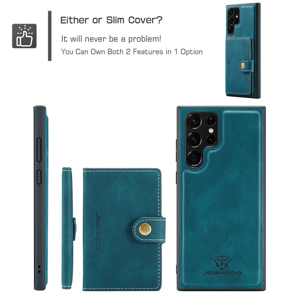 For Samsung Galaxy S22 Ultra 5G Case JEEHOOD J01 Retro Leather Phone Back Cover with Detachable Magnetic Card Holder