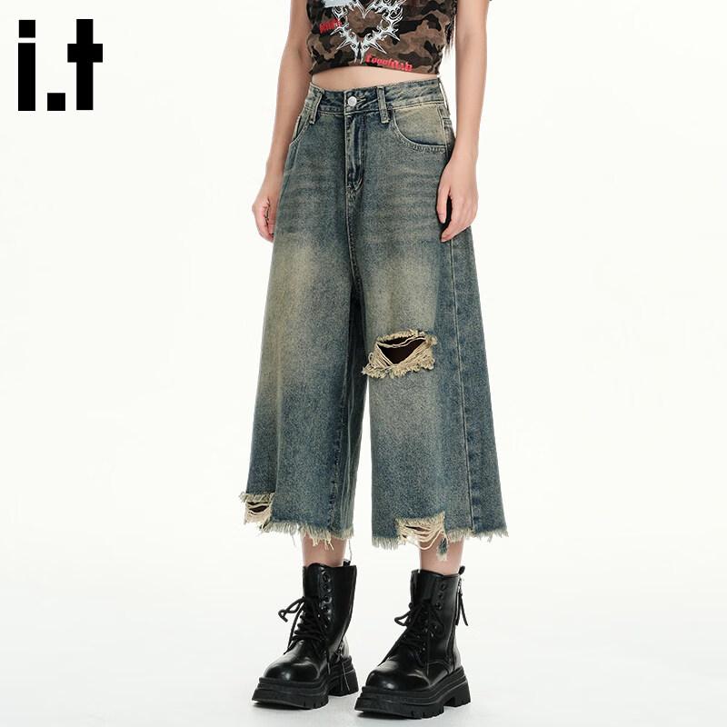 Women s Distressed Raw Hem Cropped Wide-Leg Jeans M