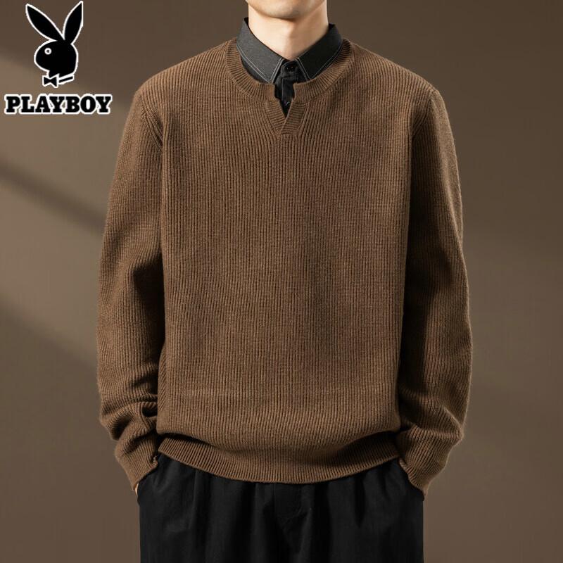 PLAYBOY Men's Fake Two-piece Shirt Collar Knit Sweater