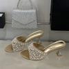 Summer Fashion White Pearl Women Slippers Sandals Open Toe Crystal Rhinestone Low Heels Mules Female Party Dress Shoes