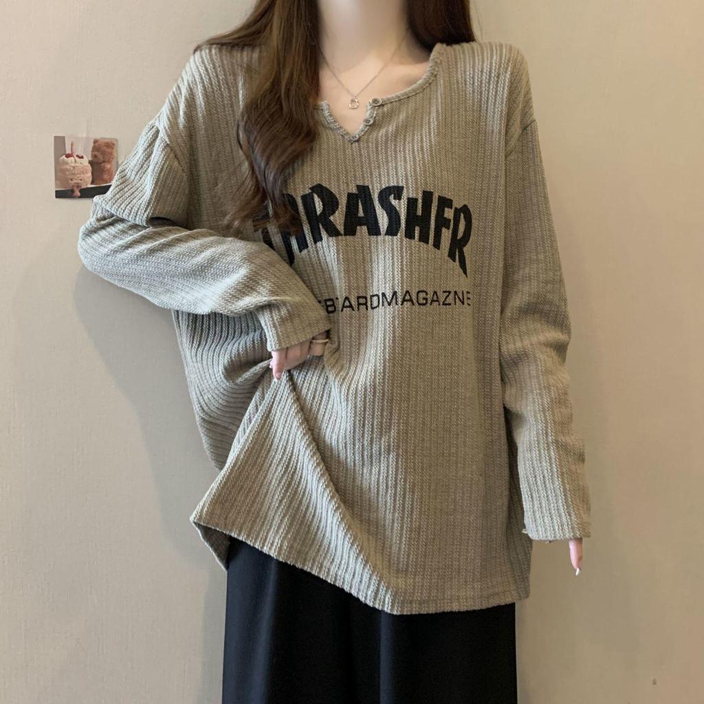 Women's Ribbed Long-Sleeve Base Layer T-Shirt: New Spring/Autumn/Winter Style, Loose Fit, Slimming, Plus Size, Mid-Length