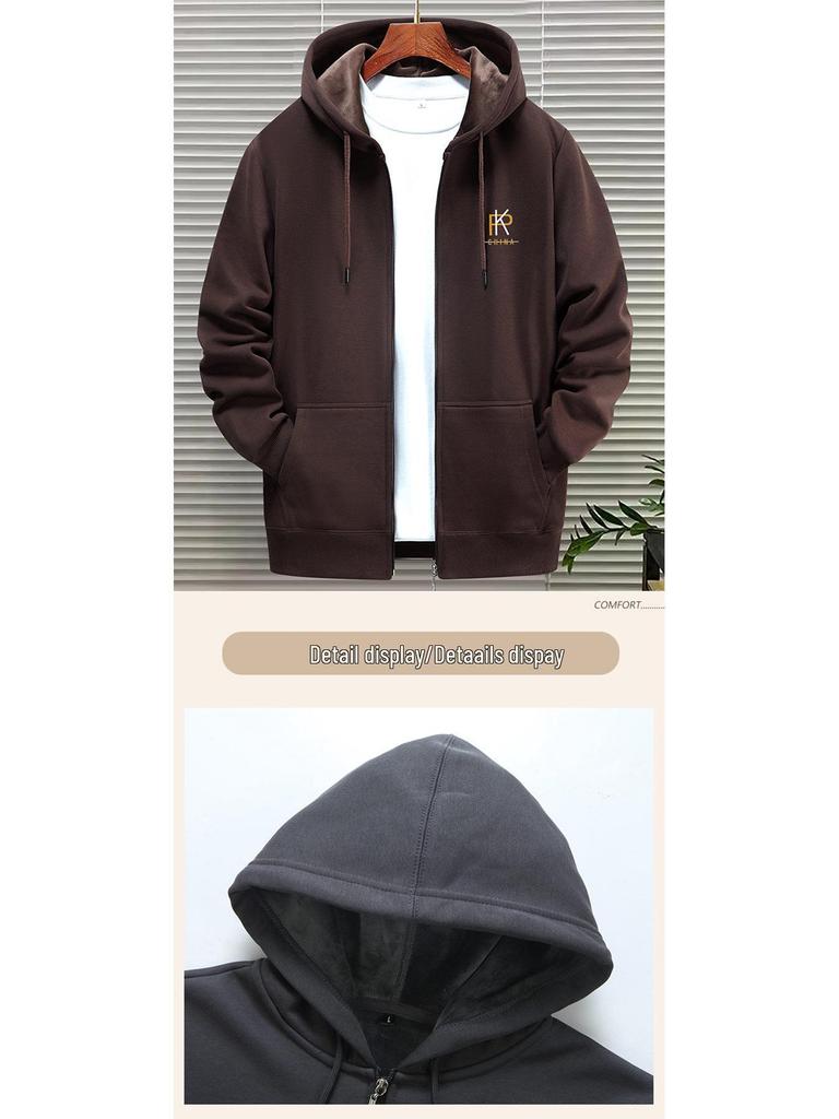 Men's Woodpecker Thickened Velvet Cardigan Hoodie - Loose Fit, Casual Couple Jacket for Spring, Autumn, Winter, Plus Sizes Available.