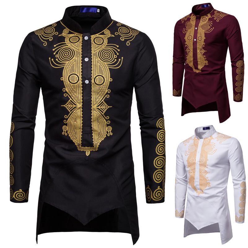 Men's Gold Foil Print Long Sleeve Middle Eastern Style Shirt (European Size, 2023)