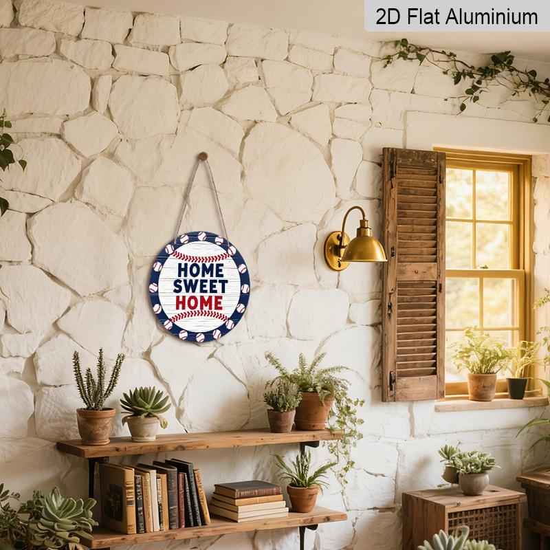 2D Flat 1pc, 8x8 in, Sweet Home Round Aluminum Metal Sign - Vibrant Baseball & Greenery Design, Rustic Blue & White Wall Art for Living Room